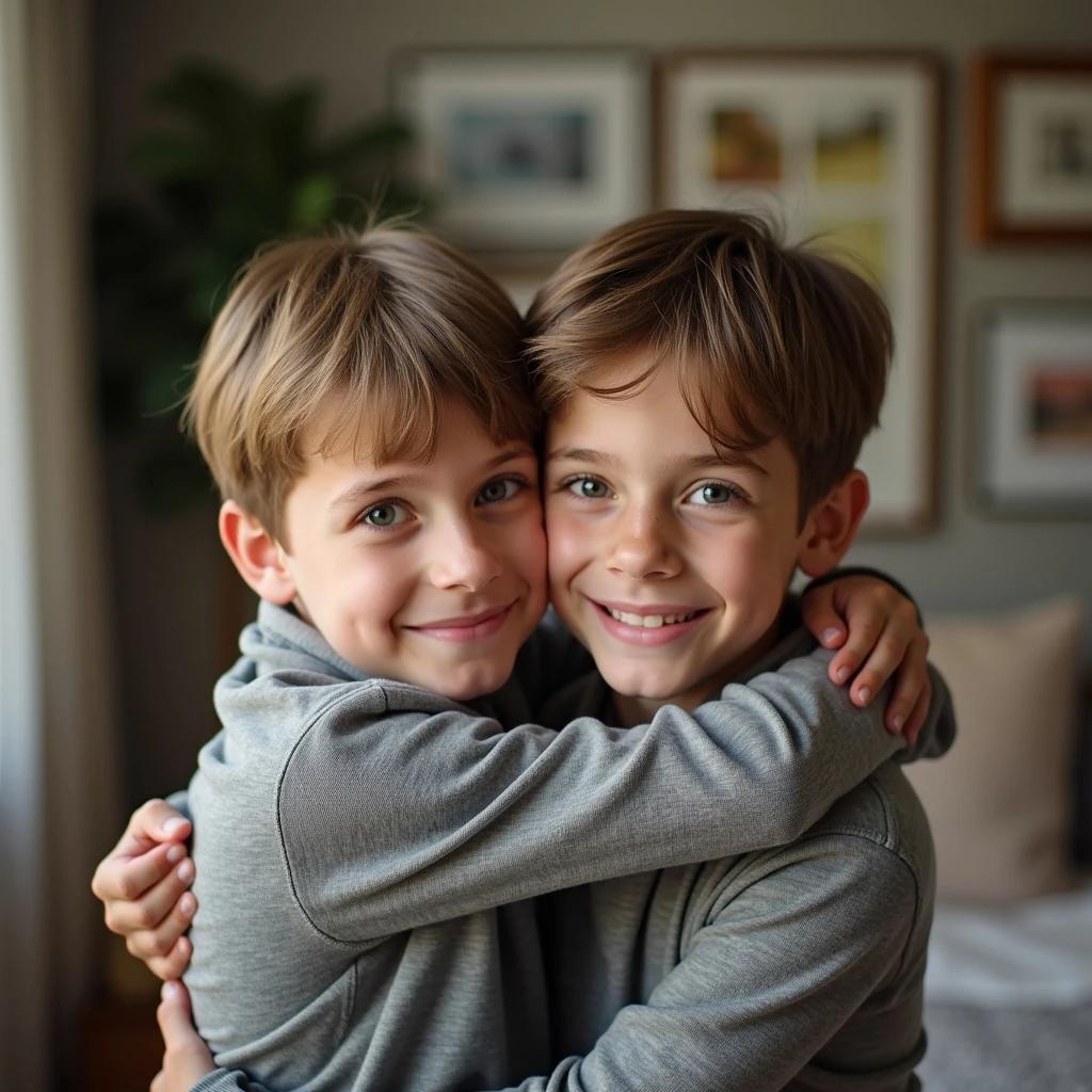 Two teen boys hug after being apart for a long time. The background features a cozy living space with soft lighting and home decor. The boys show emotions of joy and relief. They wear matching gray sweatshirts. Their embrace symbolizes friendship and love.