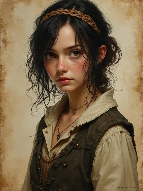 Digital art depicting a halfling or hobbit character. Character has dark curly hair and a braid. Features brown eyes and freckles on a pale face. Worn parchment background fades at edges. Inspired by style of Antonio J. Manzanedo. Evokes a sense of fantasy and adventure.
