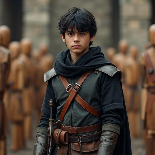 Detailed image of a teenage warrior in medieval training ground. He stands calm yet focused. His hair is medium-length and tousled. The armor is lightweight and dark. He wears a hooded cloak and has a utility belt. A bow is slung across his back. The surroundings feature wooden dummies. The atmosphere shows readiness and vigilance. Soft natural light enhances the scene.