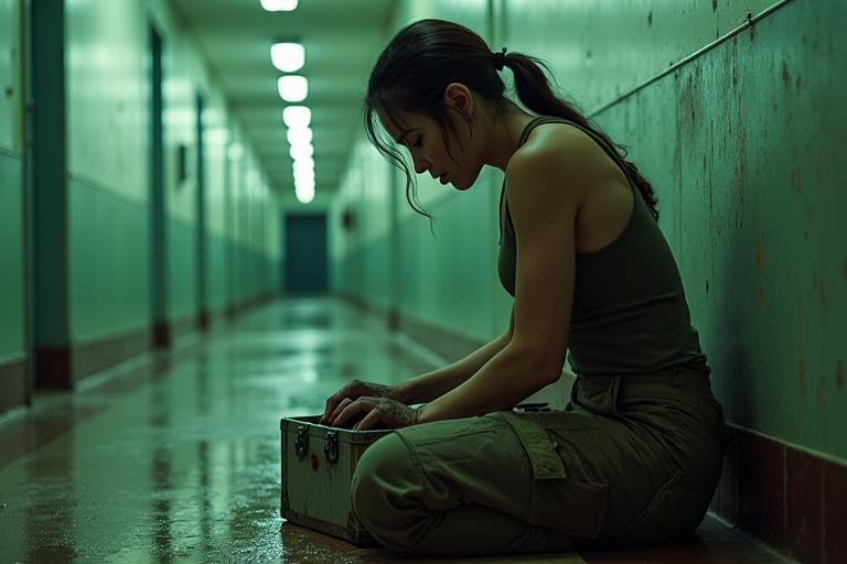 A fighter girl kneeling beside a cracked metal case. Strong fingers retrieving high-tech explosive devices. Olive green tank top and cargo pants are dirt-streaked and worn. Harsh flickering hospital lights cast an eerie greenish glow. Distant groans and shuffling footsteps echo through the corridor.