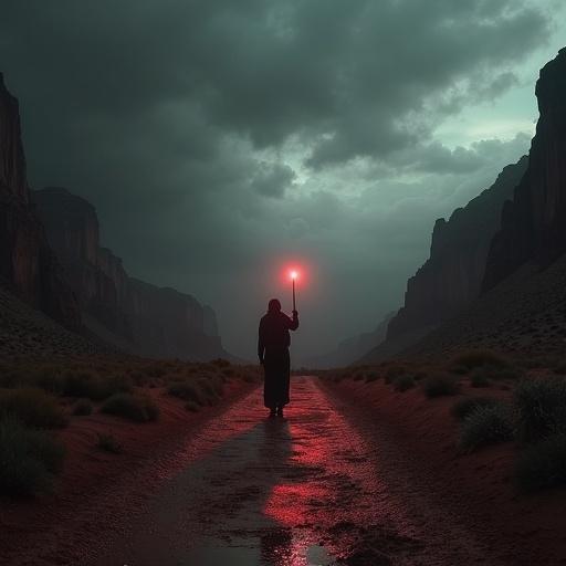 A dark creature in the middle of a desolate road looking towards the viewer with blood on its hands. A gray and macabre atmosphere dominates the scene.