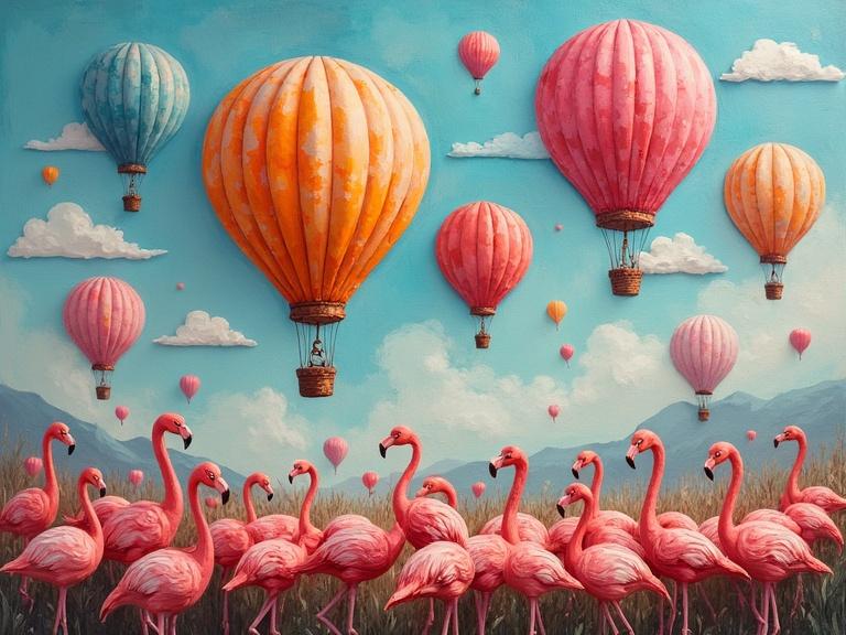 Hot air balloons float above flamingos. The balloons feature vibrant colors and textures. The flamingos are made with papercraft techniques. The artwork combines oil painting and mixed media elements. It depicts a whimsical scene in a natural setting.