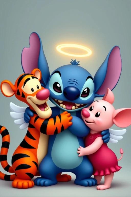 Disney characters Stitch Tigger and Piglet hugging in a playful manner This image depicts Stitch a blue character with large ears wearing angel wings and a halo Tigger appears in orange with black stripes Piglet is pink The characters are joyful and friendly Tigger is the tallest with Piglet being the smallest They are all smiling
