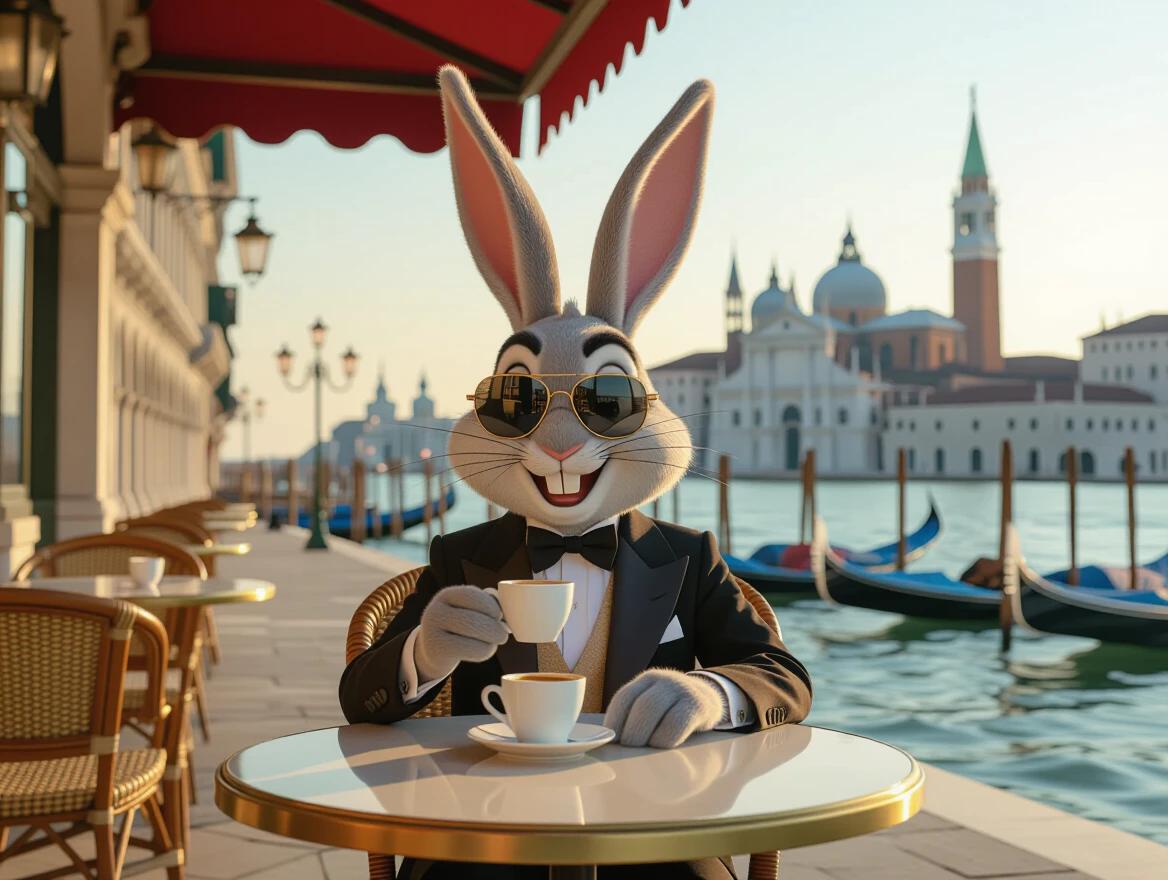 Hyper-realistic image of Bugs Bunny in Venice. He sits at a cafe table in Piazza San Marco, sipping espresso. Classic European architecture is in the background. Bugs wears stylish sunglasses, emulating a 1930s movie star. Pigeons are seen pecking or flying nearby. Soft morning light enhances the scene. The atmosphere is sophisticated yet playful.