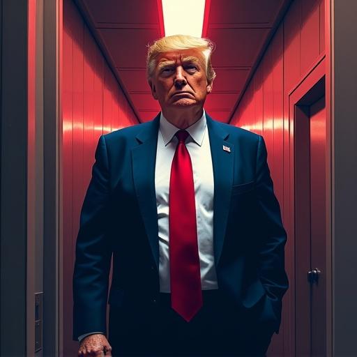 Donald Trump depicted as a superhero standing confidently in a dimly lit corridor. The scene features dramatic lighting with bold colors, highlighting themes of power and control. The portrayal combines political imagery with science fiction elements. Cartoonish art style with exaggerated expressions and clear outlines.