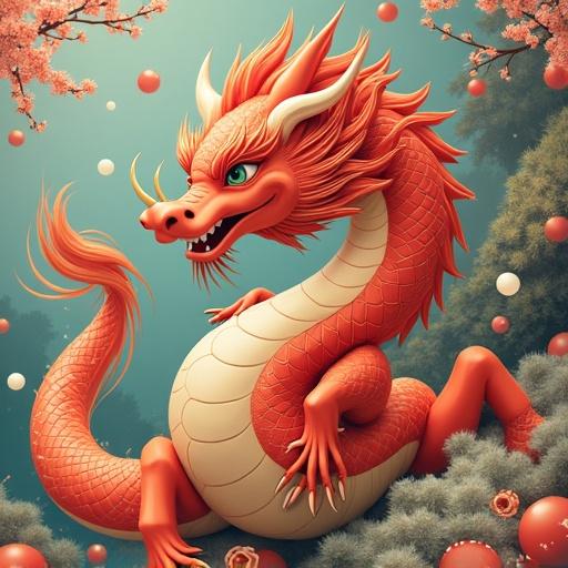 A vibrant dragon rests with a playful expression. The setting features colorful ornaments and a lush environment. The dragon has vivid orange and red scales. Its design mixes fantasy and natural elements, creating a magical ambiance.