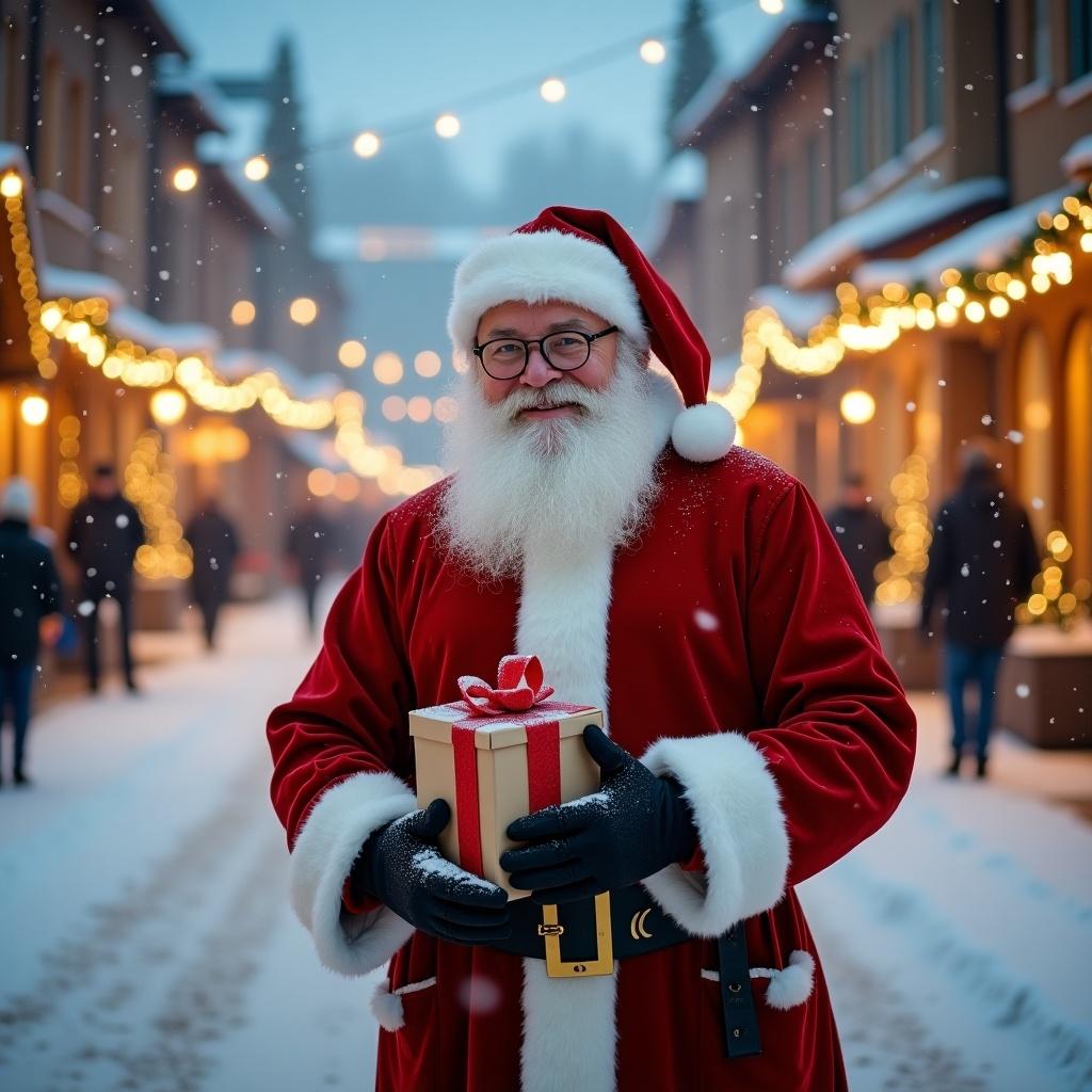 Santa Claus in traditional red attire holds gifts on a snowy street. Charming buildings illuminated with lights. A joyful holiday scene filled with warmth and cheer.