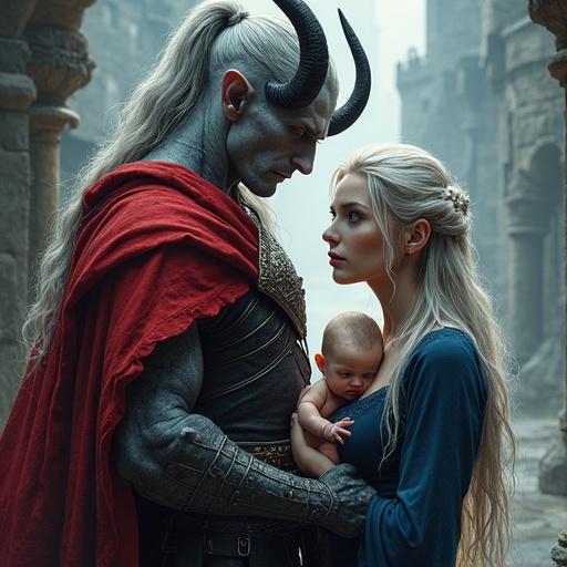 Photorealistic illustration of three characters. A tall male tiefling with ash-gray skin, amber eyes, long silver hair, and sleek black horns wearing a red cloak and armor. A female human with long ash-blonde hair in a blue dress and fishnet attire holding a newborn baby with short ash-blonde hair. Dark castle background with soft cold lighting and stylized depth of field.
