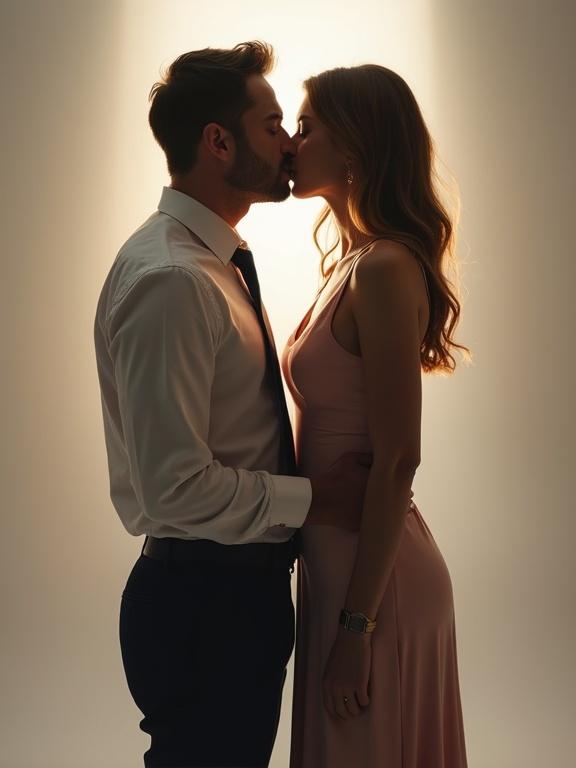 Image of a husband and wife in a romantic moment. They stand facing each other. The man wears an office outfit with a necktie. The woman wears a beautiful dress. She pulls his necktie closer as they are about to kiss.