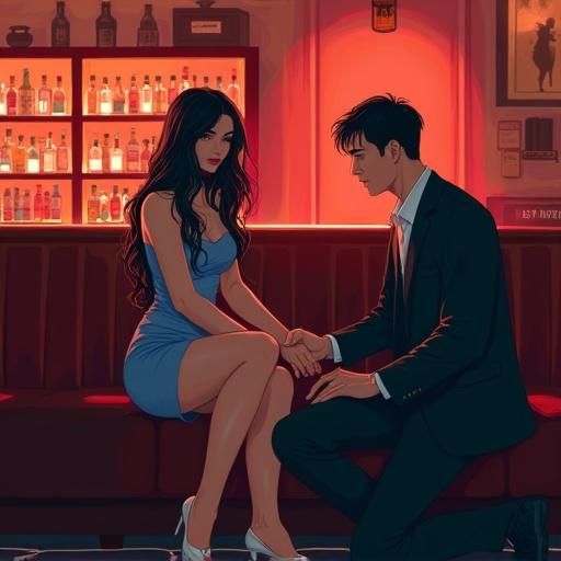 Han Man illustration style depicting a romantic bar scene. A woman in a blue dress sits on a sofa. A man in a suit kneels before her. The background shows shelves of liquor bottles.
