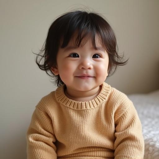Portrait of a small child with a charming smile wearing a cozy beige sweater. Soft lighting creates a warm, inviting atmosphere.