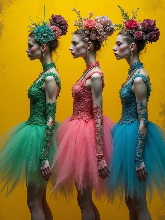 Three ballerinas stand side by side. Each wears a vibrant tutu dress and floral headpieces. The background is a contrasting yellow ocher. The dancers showcase intricate details in their costumes.