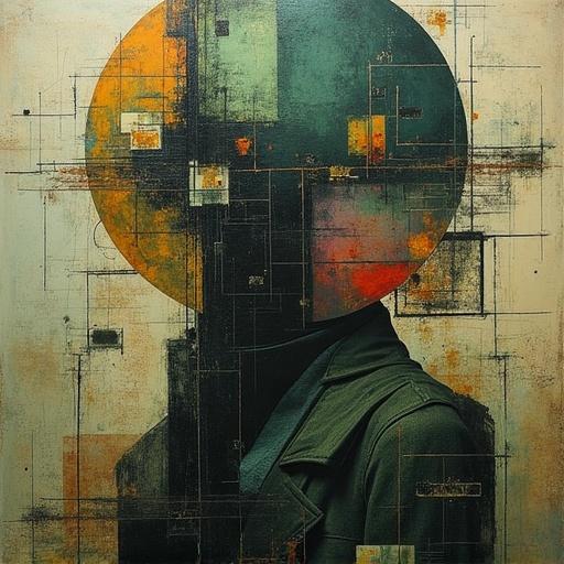 Muted darker colors are used in an abstract representation. The image features a geometric impossible form abstraction. It shows verdant tones in an enigmatic style. The artwork combines collage and thread embroidery elements.