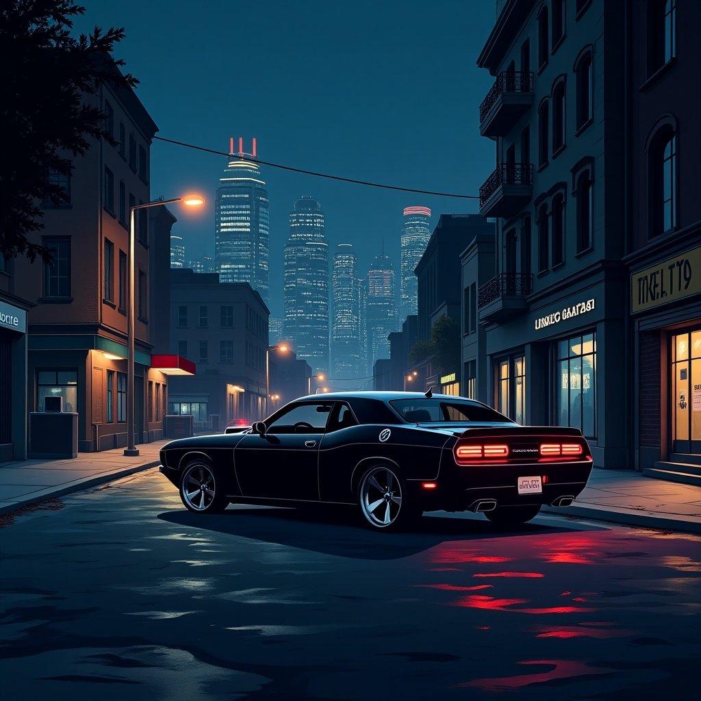 Loading screen design inspired by GTA at night. Features a street scene with a muscle car parked at a dead end. No characters present. Emphasis on urban aesthetics and night lighting.