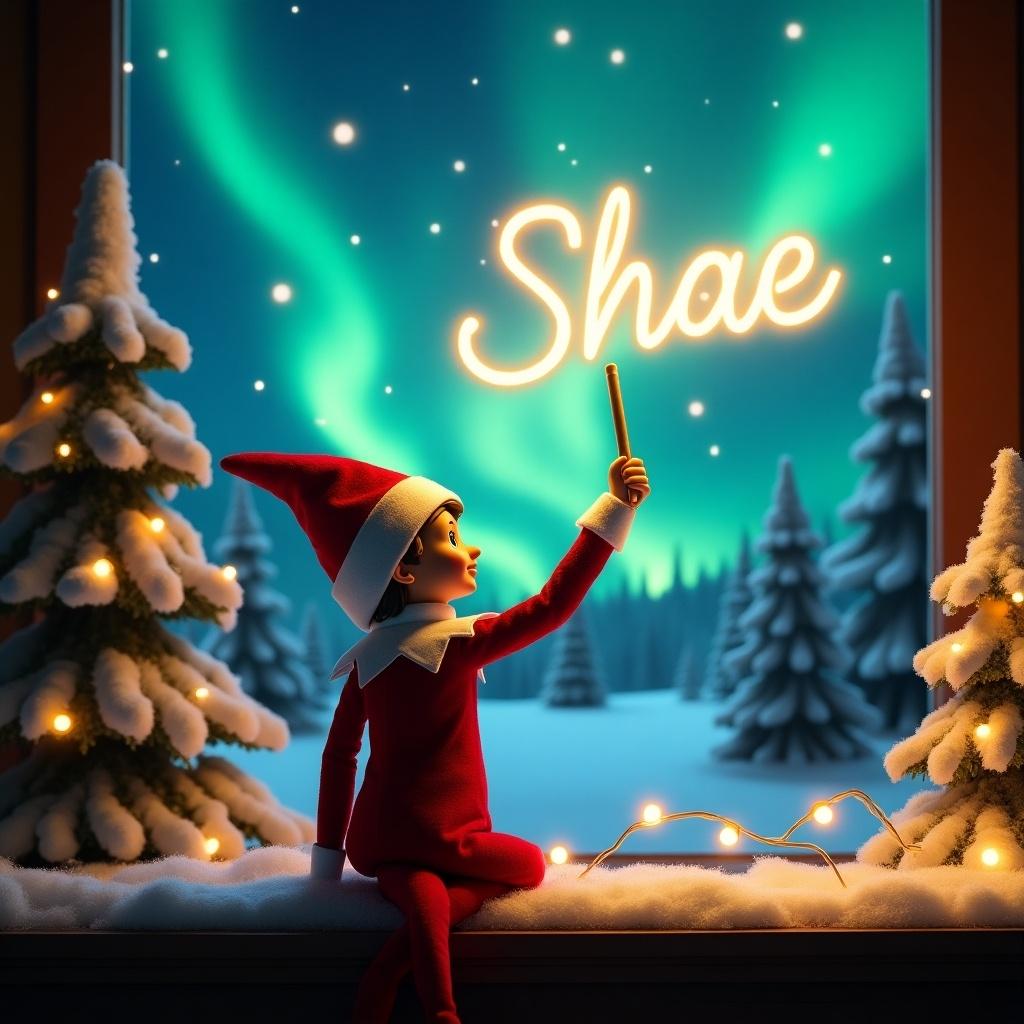 This enchanting Christmas scene features a playful elf on the shelf. Dressed in traditional red and white attire, the elf faces a beautiful night sky, capturing a magical moment. With a wand in hand, it creates the glowing name 'Shae' above in bright script. The backdrop is alive with stunning northern lights, providing a vivid explosion of colors. Surrounding the elf are charming snow-covered trees adorned with twinkling lights, enhancing the festive holiday mood.