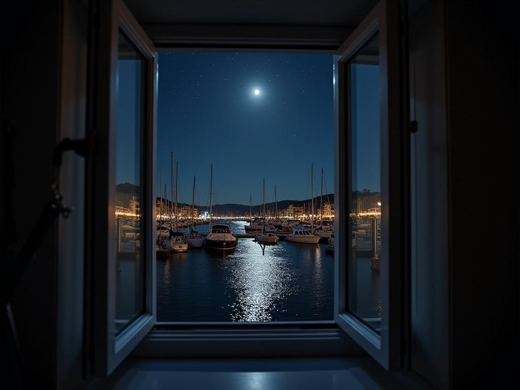 The view from inside a room through an open window. The window frames a nighttime scene, where the sky is dark and filled with stars. Below, the water reflects the moonlight, creating a shimmering effect. The marina is still, with moored boats gently bobbing in the water. However, instead of buildings and ships, the view is of quiet docks and empty piers, lending a serene atmosphere to the setting.