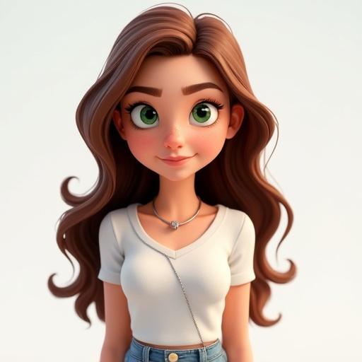 Young woman with long wavy brown hair. Bright green eyes and fair skin with freckles. Wears fitted white blouse and high-waisted jeans. Simple silver necklace and comfortable sneakers. Cartoon style.
