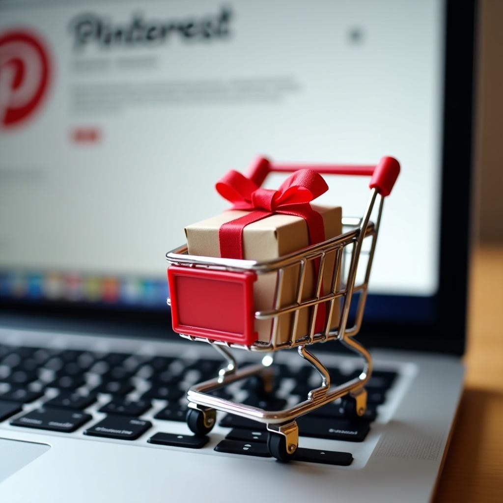 A small shopping cart sits on a laptop keyboard, featuring a beautifully wrapped gift box inside. The laptop screen displays the Pinterest homepage, highlighting the connection between online shopping and gift discovery. The scene is well-lit with soft, inviting colors, emphasizing the festive spirit. This image symbolizes the joy of finding the perfect gift through social media platforms. The shopping cart is detailed with a bright red color, making it stand out against the muted tones of the laptop. Perfect for illustrating articles on online shopping and gifting trends.