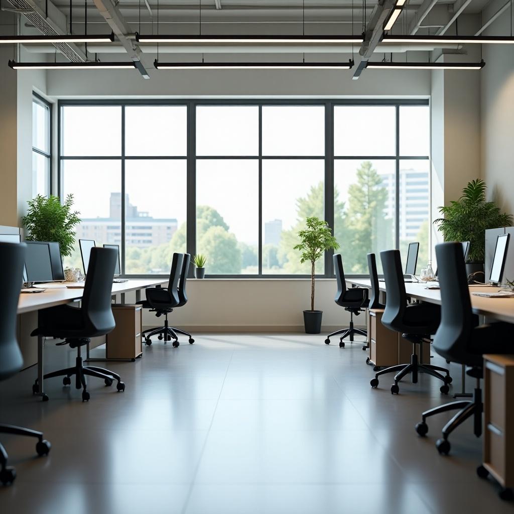 The image showcases a modern office environment. It features a spacious layout with large windows letting in plenty of natural light. The furniture is minimalistic and ergonomic, designed for comfort and productivity. There are several desks arranged thoughtfully, allowing for a collaborative work atmosphere. Potted plants add a touch of greenery, bringing warmth to the professional setting.