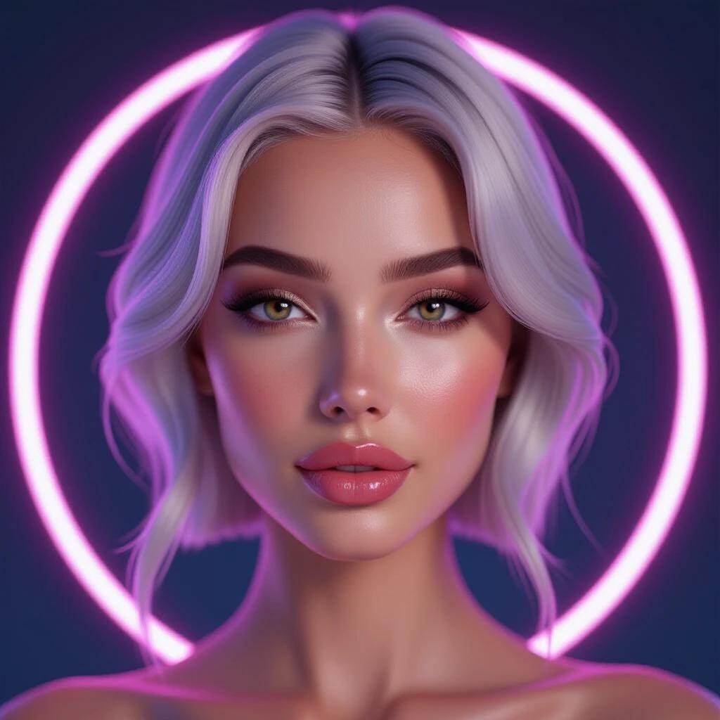 Stunning AI-generated woman portrait. Close-up view shows flawless skin and deep brown eyes. Lips are soft and slightly parted with a seductive expression. Silver hair reflects pink lighting. Elegant neck with minimal makeup and detailed textures. Cinematic lighting creates perfect symmetry. Neon cyber-themed background adds depth. Designed for social media profile picture with a circular crop focus.