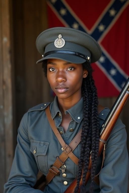 Extremely attractive young black woman in a cadet gray confederate uniform. Long hair in dreadlocks. Carrying a model 1853 Enfield rifle. Inside a wooden fort in a Louisiana swamp. Confederate flag in the background.