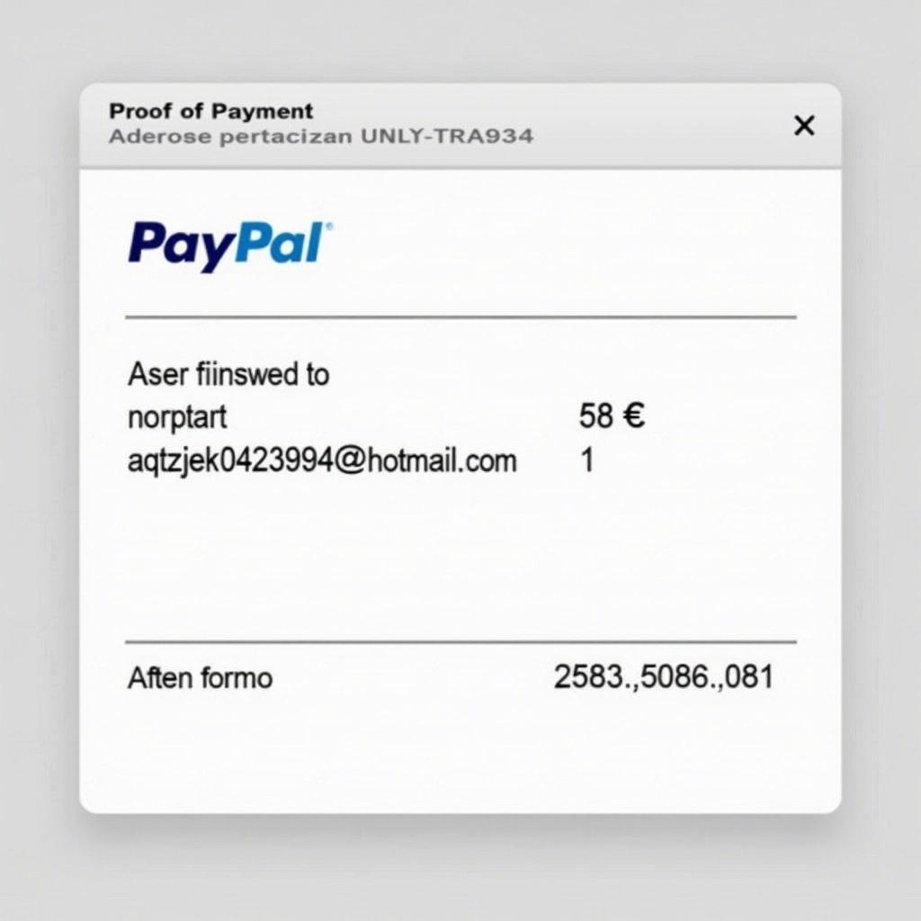 Image shows PayPal proof of payment document. Displays transaction amount of 58€ to email aqtzjek04239394@hotmail.com. Clear layout with bold text and simple background.