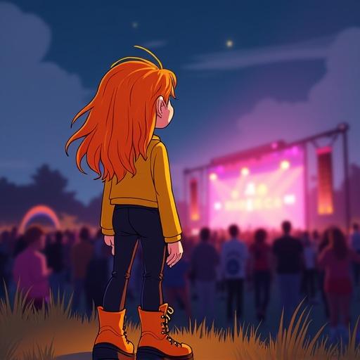 Cartoon girl with orange hair at a music festival. Watching a band perform at night. She wears a yellow tracksuit top, black pants, and orange boots. The scene is lively with a crowd.