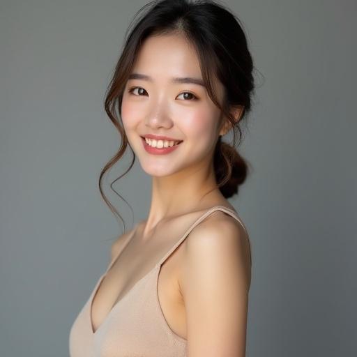 A young woman smiles wearing a sleeveless beige dress. Soft studio lighting highlights her natural makeup and realistic skin texture. The photo is a half-body portrait against a grey background, showcasing elegance in a professional manner.