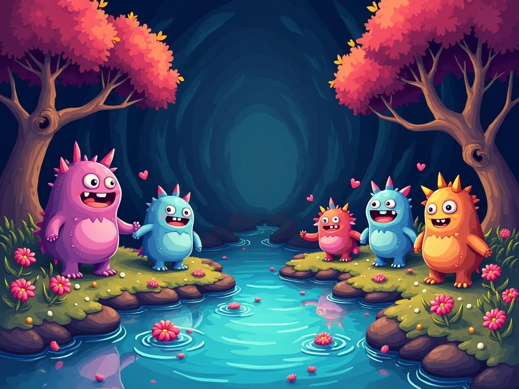 A whimsical scene featuring cute, colorful monsters gathered by a serene blue river. The characters are depicted with smiles, showing expressions of joy and friendship. They are surrounded by vibrant foliage and pink flowers, with heart motifs suggesting affection among them. The background has a deep, enchanting forest that adds depth to the image. Light filters through the trees, creating a magical atmosphere suitable for a children's story.