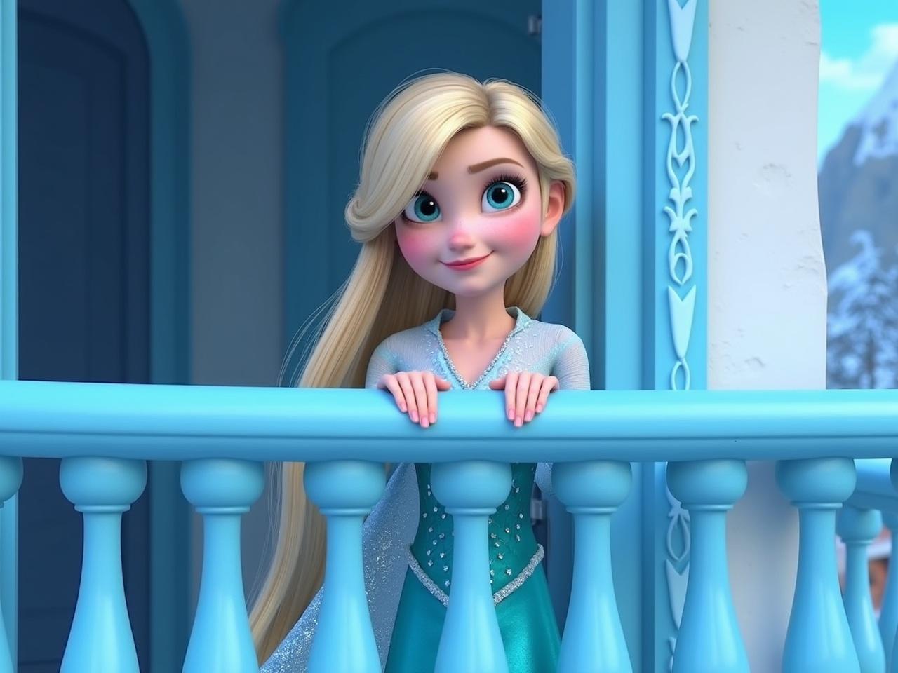 The image features a girl peeking out from behind a blue balcony railing. She has long blonde hair styled like Elsa from Frozen, flowing elegantly down her shoulders. Her attire is transformed to resemble Elsa's iconic ice-blue dress, complete with shimmering details. The background showcases a whimsical, cartoonish version of Arendelle's landscape, hinting at snowy mountains and twinkling icicles. The setting has a magical, enchanting feel, evoking the world of Disney's Frozen.