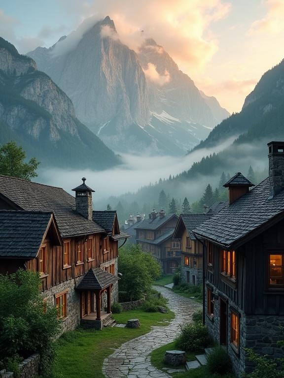 Idyllic village nestled in mountain landscape. First light of day breaks over rugged mountain peaks. Quaint wooden architecture with rustic charm in soft morning light. Swirling fog drifts around the village offering a mystical ambiance. Cool refreshing morning air adds a sense of renewal and peace. Enchanting serene vista with warm oranges and cool blues blending in the sky reflecting on dew-kissed rooftops and lush greenery.