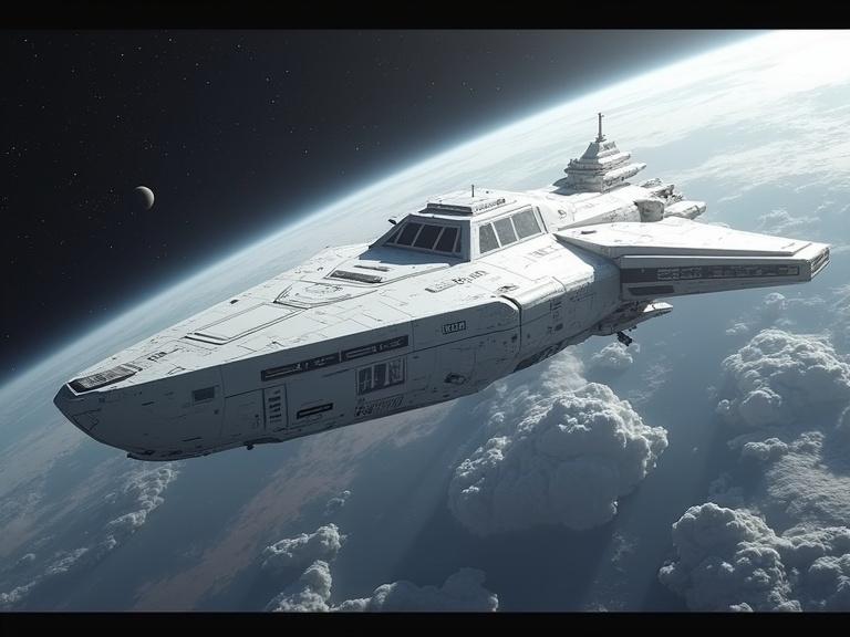 A large white science fiction spaceship with a blocky, bevel sleek hull. The ship has textured details and long rectangular bevel windows. The scene is set in a planet's atmosphere with realistic features including shadows and reflections.