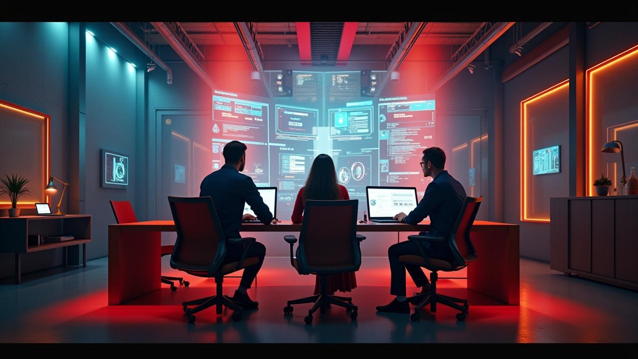 A diverse group of architects, engineers, and designers collaborating in a high-tech design studio using BIM and AI tools. Shot on Arriflex Alexa for an ultrarealistic look.