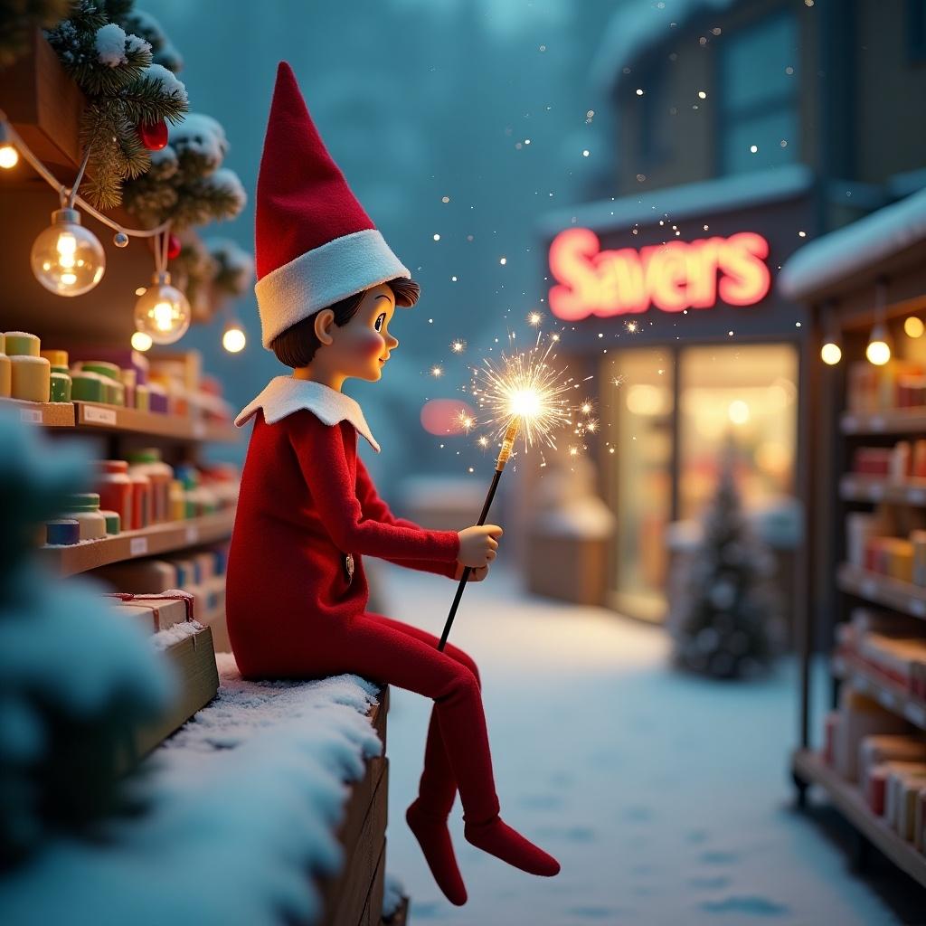 An elf on the shelf sits with its back to the customer. The elf gazes down the shopping aisle while holding a glowing wand. A charming Christmas scene is shown with colorful northern lights. Savers health and beauty shop can be seen in the distance. Snow is on the ground. The elf embodies magic and wonder of Christmas. The name Southend Savers health and beauty appears in the air from the wand.