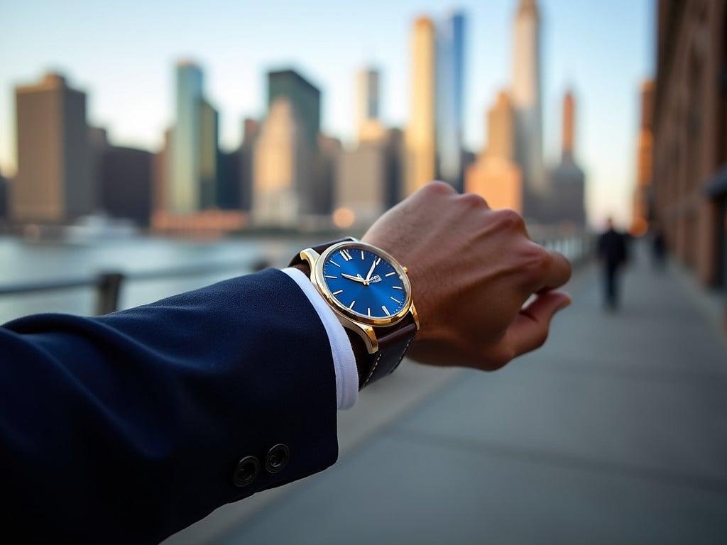 A different man's wrist wearing a stylish watch is featured in the image. The watch has a blue face with striking gold accents, shining under the city's afternoon light. In the background, the iconic skyline of New York is visible, with skyscrapers reaching for the sky. The man is wearing a tailored suit sleeve, contrasting sharply with the vibrant blue and gold watch. The scene captures a stylish, urban vibe, emphasizing sophistication and elegance.