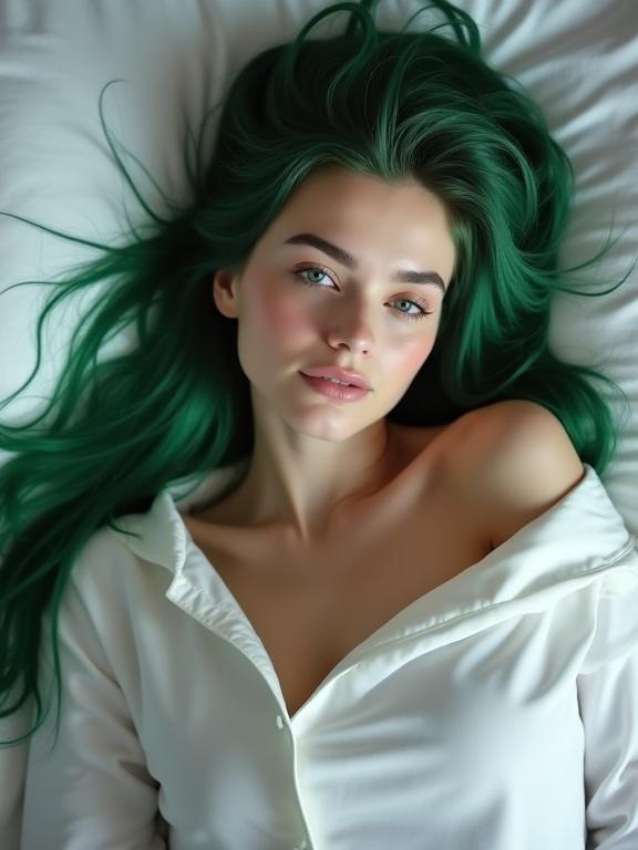 Woman with long green hair lies on a bed wearing pajamas. She has a white skin tone. Overall body is visible in the image.