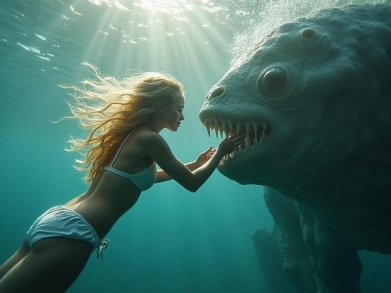 Underwater scene featuring a girl in a white bikini and a large sea creature. They are half-submerged. The girl has flowing blonde hair and is touching the creature's jaw. Sun rays penetrate the water, creating a dreamy atmosphere.