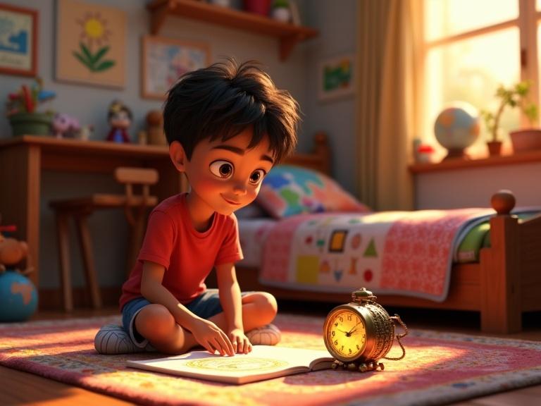 A young boy draws in a bedroom. Cozy decor with toys and drawings. A glowing antique clock beside him. Focused expression on his face. Soft, warm lighting from the sunset.