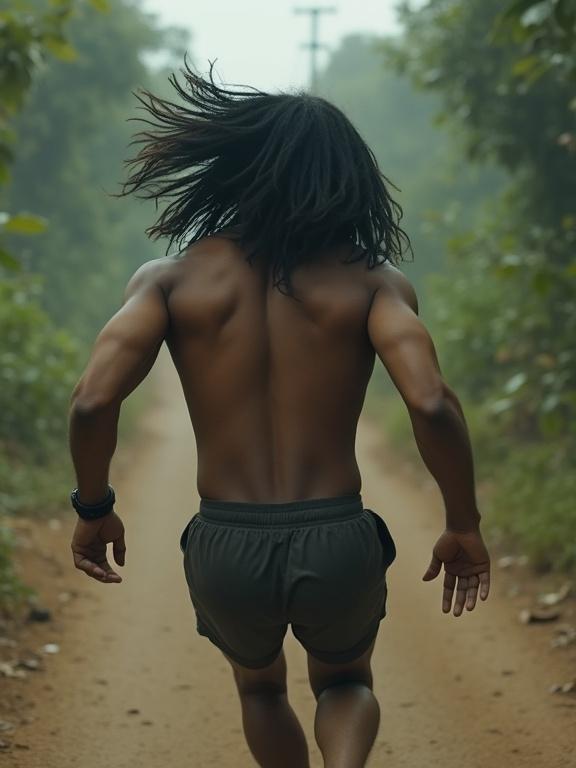 Photorealistic image depicting a modern day Latin man with thick black waved hair. Man runs away from the camera, looking back with a sense of trepidation. Background shows a path in nature, creating a feeling of adventure and mystery. Emphasizes dread and terror.