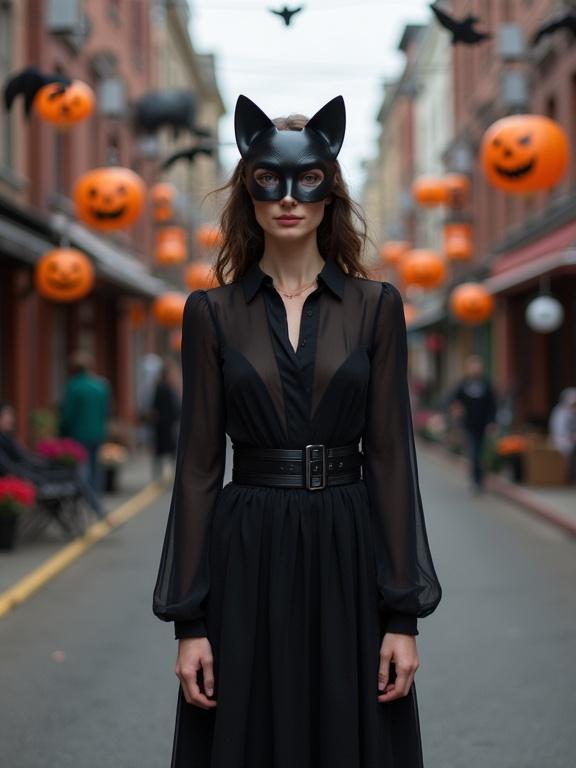 A woman in a black dress stands on a street decorated for Halloween. She wears a black cat mask on her head. Street is adorned with floating orange pumpkins and bats. A mysterious atmosphere surrounds the scene.
