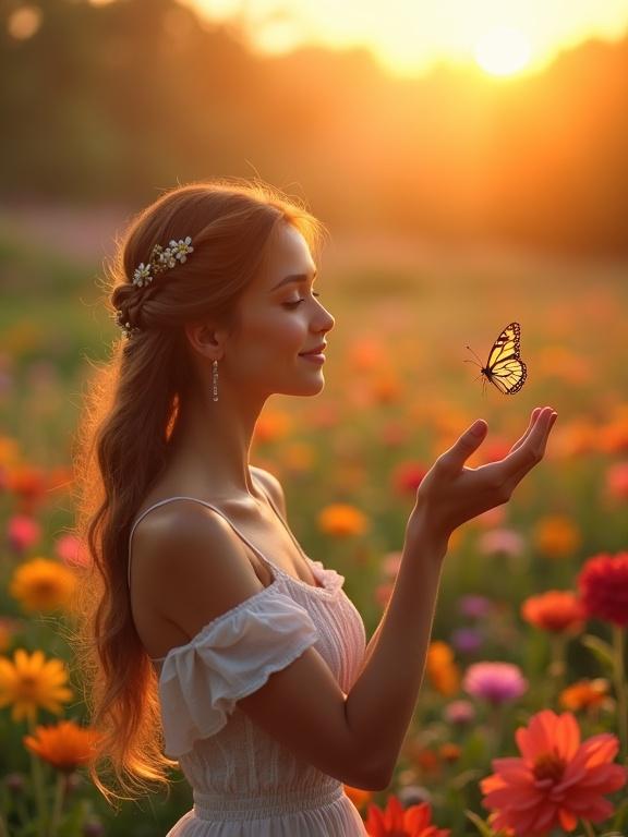 Young woman stands gracefully in a flower garden at sunset. She holds out her hand with a butterfly resting on her fingers. Her face shows a warm smile. The garden is filled with colorful flowers. The atmosphere is peaceful and magical. High detail, soft focus background, vertical framing, ultrahigh quality.