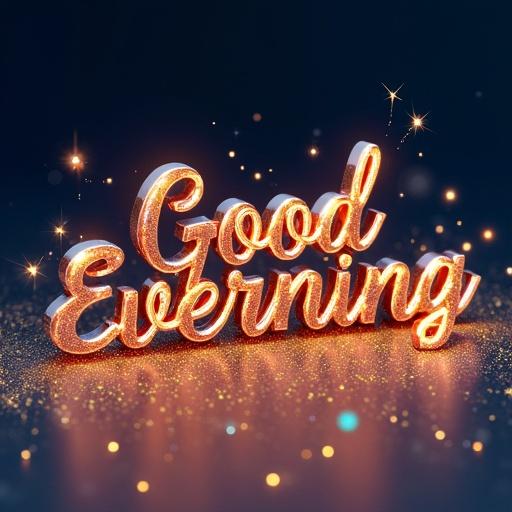 A hyperrealistic 3D rendering of the words Good Evening in polished rose gold. Letters adorned with golden hearts and stardust. Deep indigo background sprinkled with stars. Soft glow adds to luxury and sophistication.