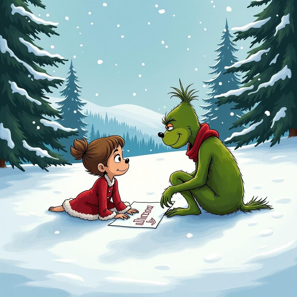 The Grinch writes Diana in the snow. Snow-covered hills and evergreen trees surround the scene. The Grinch has green fur and wears a red scarf. A young girl in a red dress interacts with the Grinch.