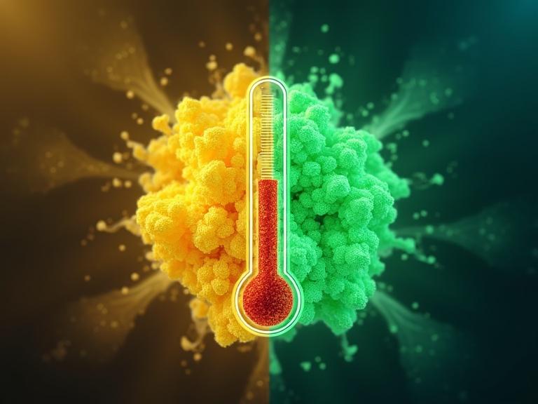 Illustration of two distinct material states: amorphous in yellow and crystalline in green. Central thermometer shows temperature at 80 °C. Background split into soft clouds and sharp geometry. Bright fluorescent colors represent states. Clean and scientific design for journal cover.
