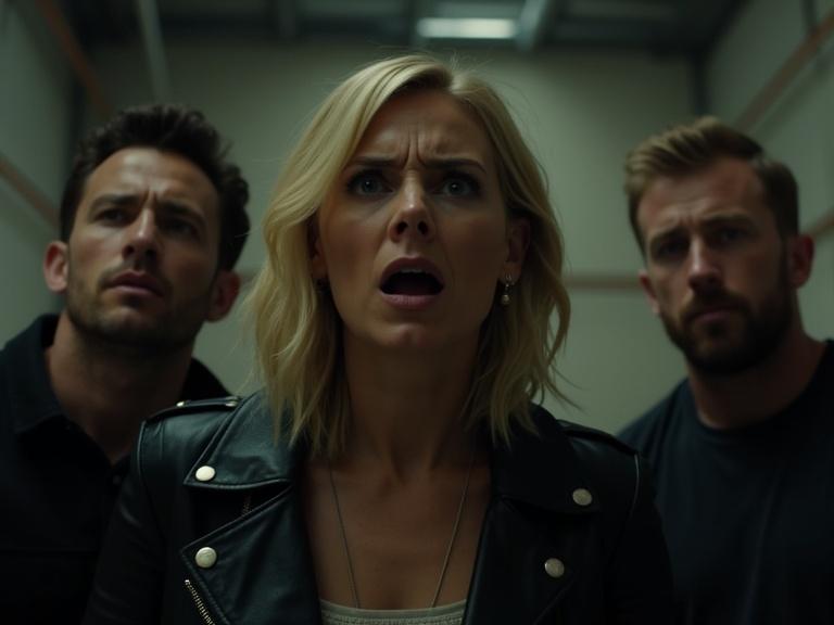 Dramatic scene with distressed woman featured. She has tears in her eyes. Two men stand beside her. They wear dark clothing and show intense focus. Setting is dimly lit industrial. Tension is evident. Emotions are strong.