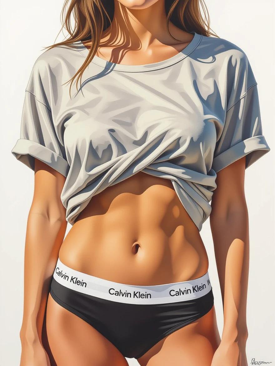 Watercolor painting of a woman wearing a loose gray t-shirt lifted to expose toned brown-skinned abdomen and black Calvin Klein underwear with white waistband. The painting features expressive brushstrokes in light and dark brown hues. The background is completely white. The focus is on the face, creating a stark contrast. The lighting is even and natural, with no strong shadows or highlights. The artwork has a high aesthetic quality emphasizing texture and movement. The composition has a shallow depth of field. The artwork is oriented vertically, filling the frame with a low-angle perspective. The painting style is loose and impressionistic, showcasing modern minimalism with focus on the human form.