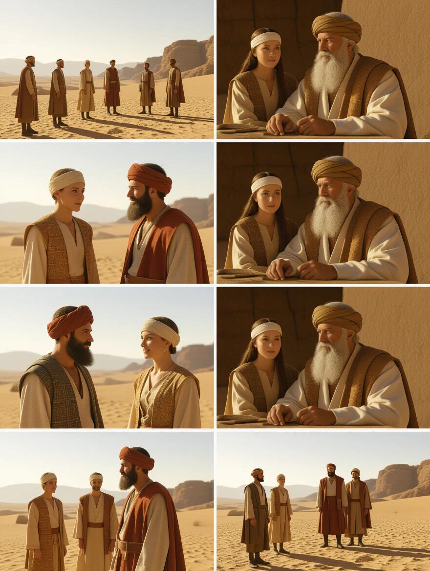 Montage of young biblical characters in the desert. They are dressed in ancient Abraham's period clothing. The characters are depicted living in harmony. They work together and share stories. The scenes reflect themes of faith and love across generations. Hyper-realistic rendering in 8K resolution.
