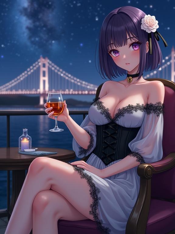 Anime-inspired illustration of a mature lady in an elegant dress on a hotel veranda at night. She holds a glass of liquor. The scene features a view of a bridge and night sky.