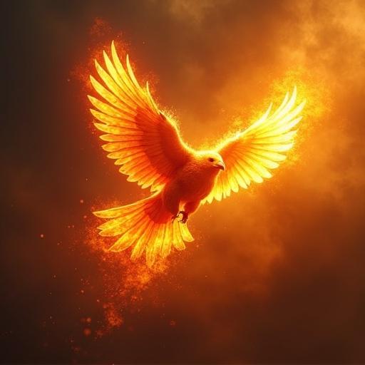Artistic portrayal of a bird soaring through the sky. Bird features wings made of flames. Resilient symbol of strength. Background has glowing orange red and yellow tones. Sky conveys intense hopeful energy. Bird breaks free from fire. Bold text for 'Overcomer' in elegant font complements fiery theme.