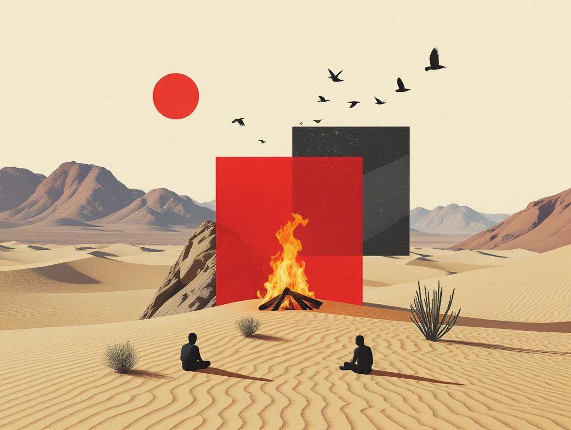 A surreal digital collage features a desert landscape with geometric shapes and fire. A large red square and a black rectangle are prominent. Silhouetted figures sit in the sand. Birds fly above. Evokes mystery with a minimalist style.